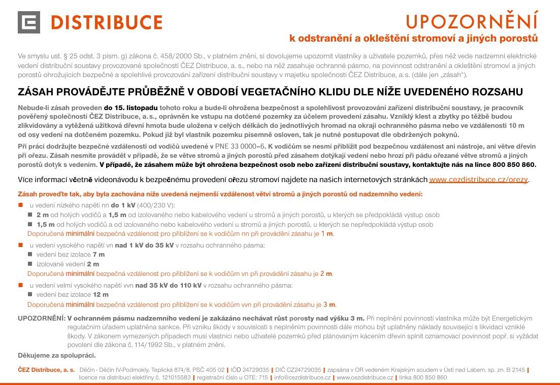UPOZORNĚNÍ k odstranění a okleštění stromoví a jiných porostů