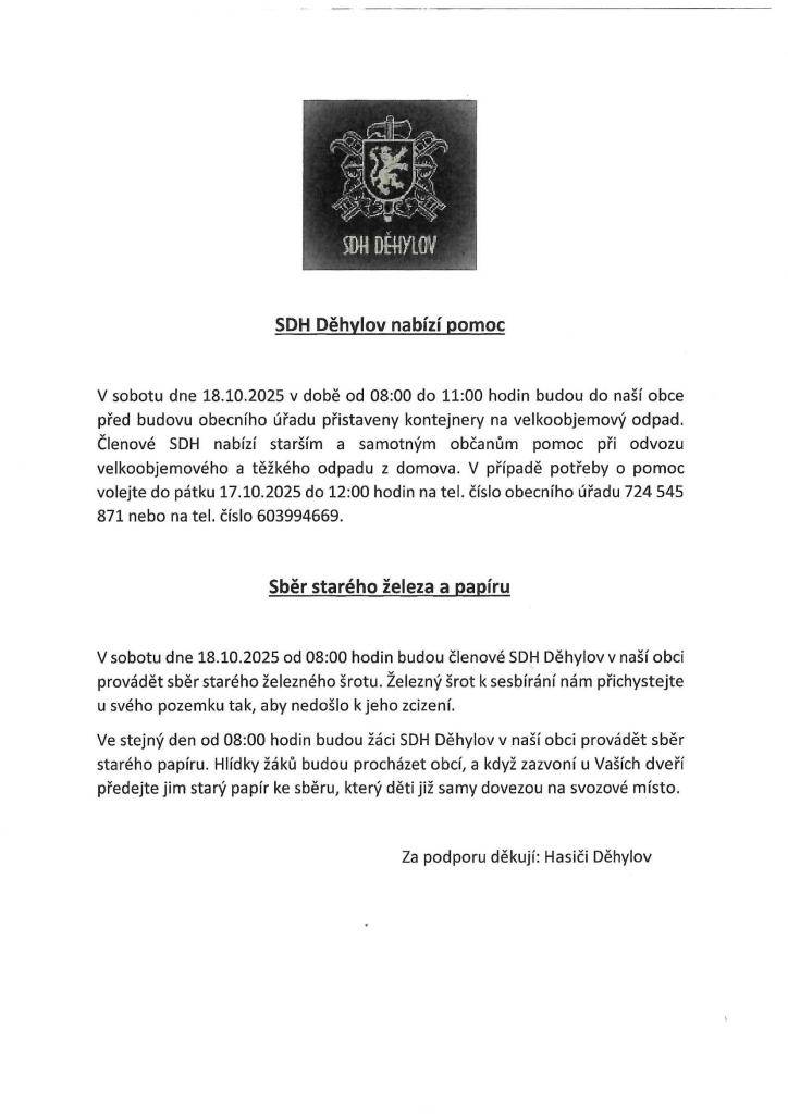 SDH Děhylov nabízí pomoc starším a osamoceným občanům pomoc - velkoobjemové kontejnery