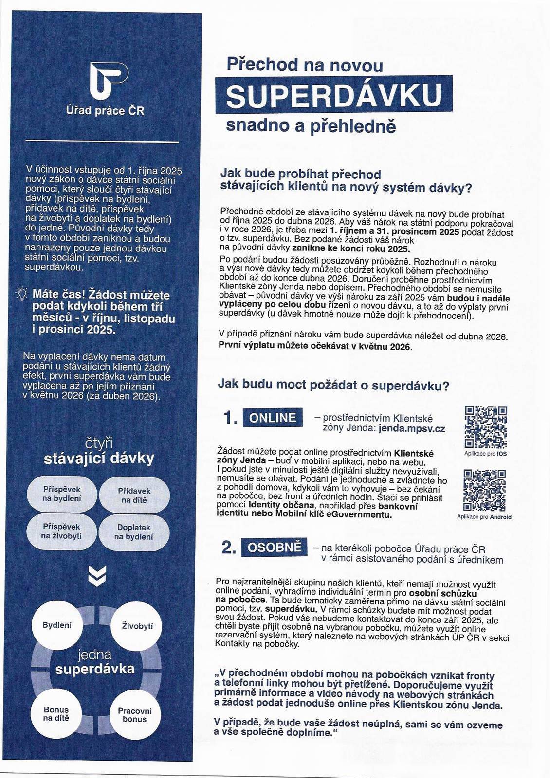 V České republice se mění forma pomoci státu pro domácnosti s nízkými příjmy.Od 1. října 2025 vstoupí v platnost nový zákon o dávce státní sociální pomoci.