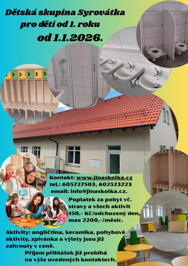 Od 1.1.2026 se bude v Syrovátce otevírat nová dětská skupina pro děti od 1. roku. Více informací najdete v přiloženém letáku.