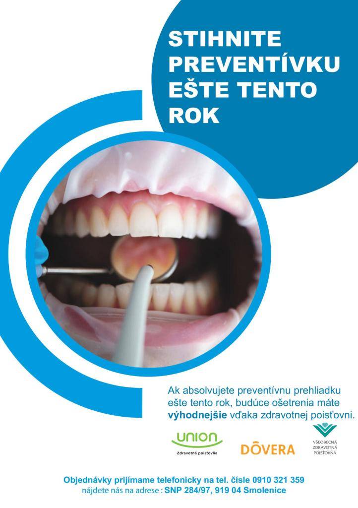 zubná ambulancia IZ- Dent Smolenice Vás pozýva na preventívnu prehliadku zubov. Stihnite ju do konca roka a získate viac benefitov od poisťovne v budúcom roku.  Prijímame nových pacientov. Objednajte sa osobne alebo na čísle 0910 321 359.