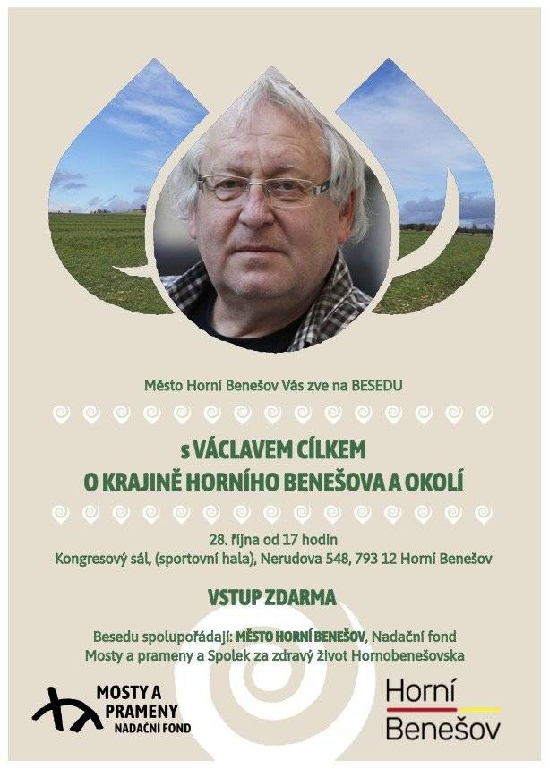 Pozvánka na besedu o krajině Horního Benešova a okolí s předním českým geologem, klimatologem a spisovatelem RNDr. Václavem Cílkem, která se koná v úterý 28. října 2025 od 17 hod. v kongresovém sále v Horním Benešově.