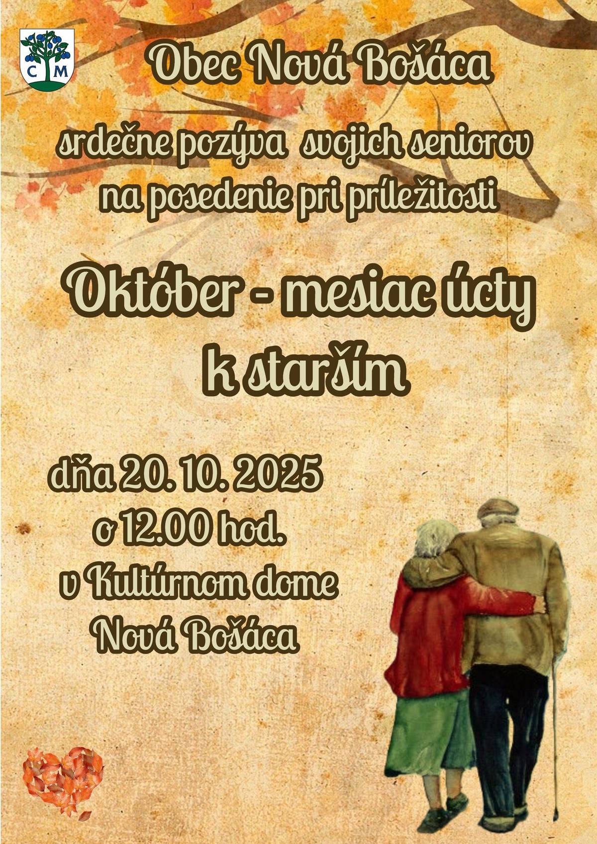 Obec Nová Bošáca pozýva svojich seniorov na posedenie pri príležitosti Október - mesiac úcty k starším, dňa 20.10.  o 12.00 hod do KD v Novej Bošáci.