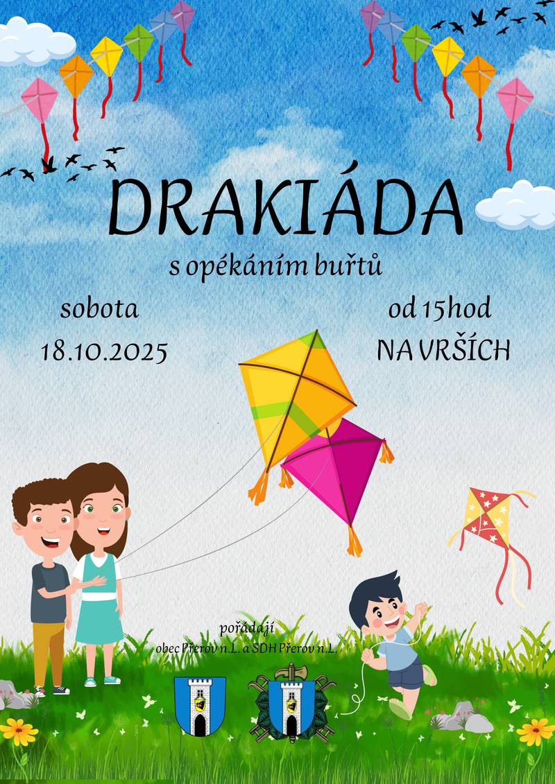 Hasičský sbor SDH Přerov nad Labem Vás srdečně zve na Drakiádu s opékáním buřtů, která se koná dne 18.10. 2025 od 15:00 h Na Vrších.