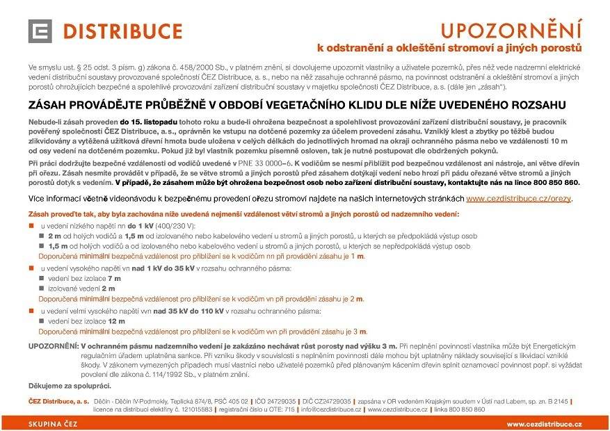 Upozornění k odstranění a okleštění stromoví a jiných porostů