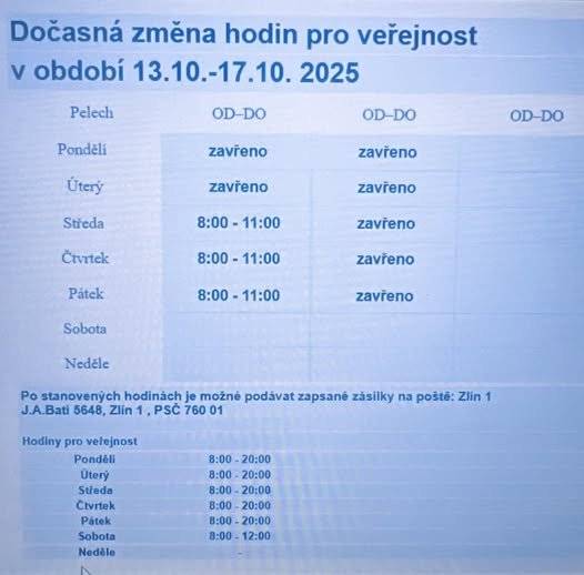 Z provozních důvodů dochází k dočasné změně hodin pro veřejnost na poště.