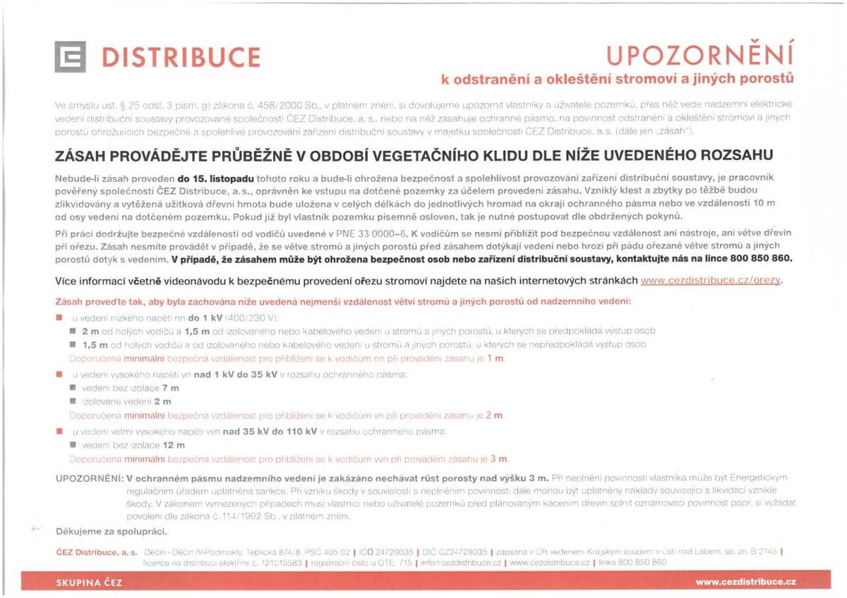 Upozornění k odstranění a okleštění stromoví a jiných porostů