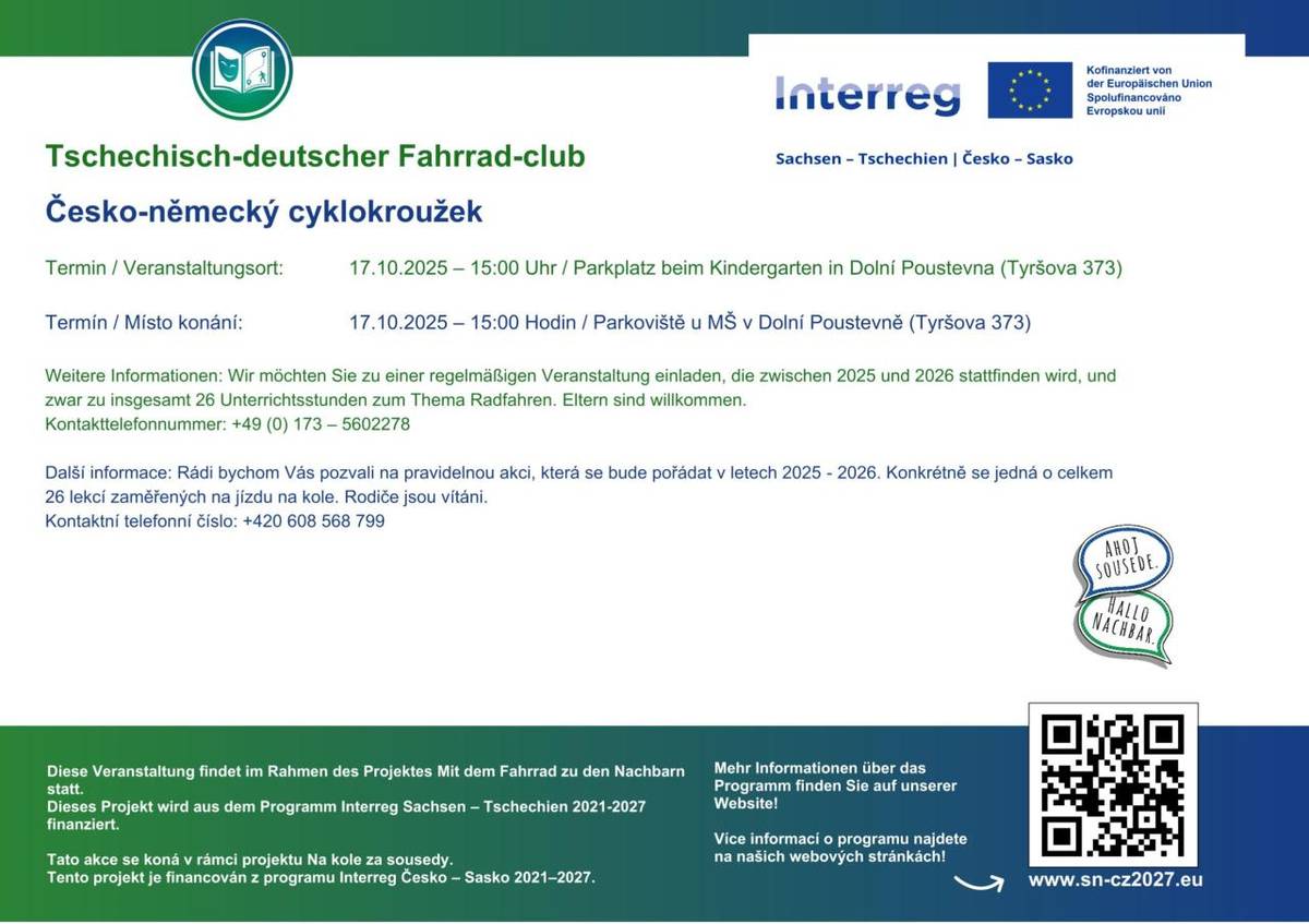 Zveme Vás na další lekci cyklokroužku dne 17. 10. 2025 od 15:00. Sraz na parkovišti u mateřské školy.  Tento projekt je financován z programu Interreg Česko - Sasko 2021 -2027.