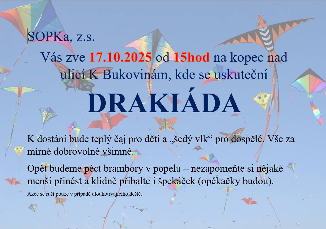 SOPKa zve děti i dospělé v pátek 17.10.2025 od 15 hod na kopec nad ulicí K Bukovinám na drakiádu