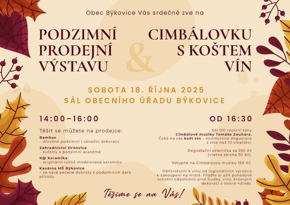 1. Ve středu 15.10. přijede firma Recovera vyvézt zvony na sklo. Prosíme o neparkování u zvonů zejména u horní zastávky ! 2. Obec Býkovice Vás zve na Podzimní prodejní jarmark a cimbálovku s koštem vín. V sobotu 18.10.2025 od 14hod v sále OU Býkovice