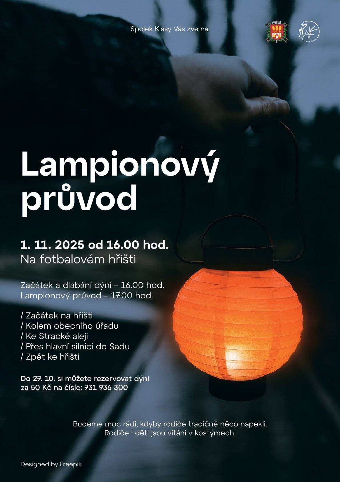 Spolek Klasy Vás srdečně zve na tradiční lampionový průvod, který se uskuteční 🗓️ 1. listopadu 2025 od 16:00 📍 Na fotbalovém hřišti ✨ Program: 🕓 16:00 – Začátek a dlabání dýní 🕔 17:00 – Start lampionového průvodu Trasa povede kolem obecního úřadu, třetí ulicí ke Stracké aleji, přes Sad a zpět na hřiště. 🎃 Do 27. října si můžete rezervovat dýni za 50 Kč na čísle 📞 731 936 300. 🍰 Budeme rádi, když rodiče přinesou něco tradičního na zub. 🧙♀️ Děti i rodiče jsou vítáni v kostýmech! Přijďte si užít podzimní odpoledne plné světýlek, dýní a dobré nálady! 🕯️🍂