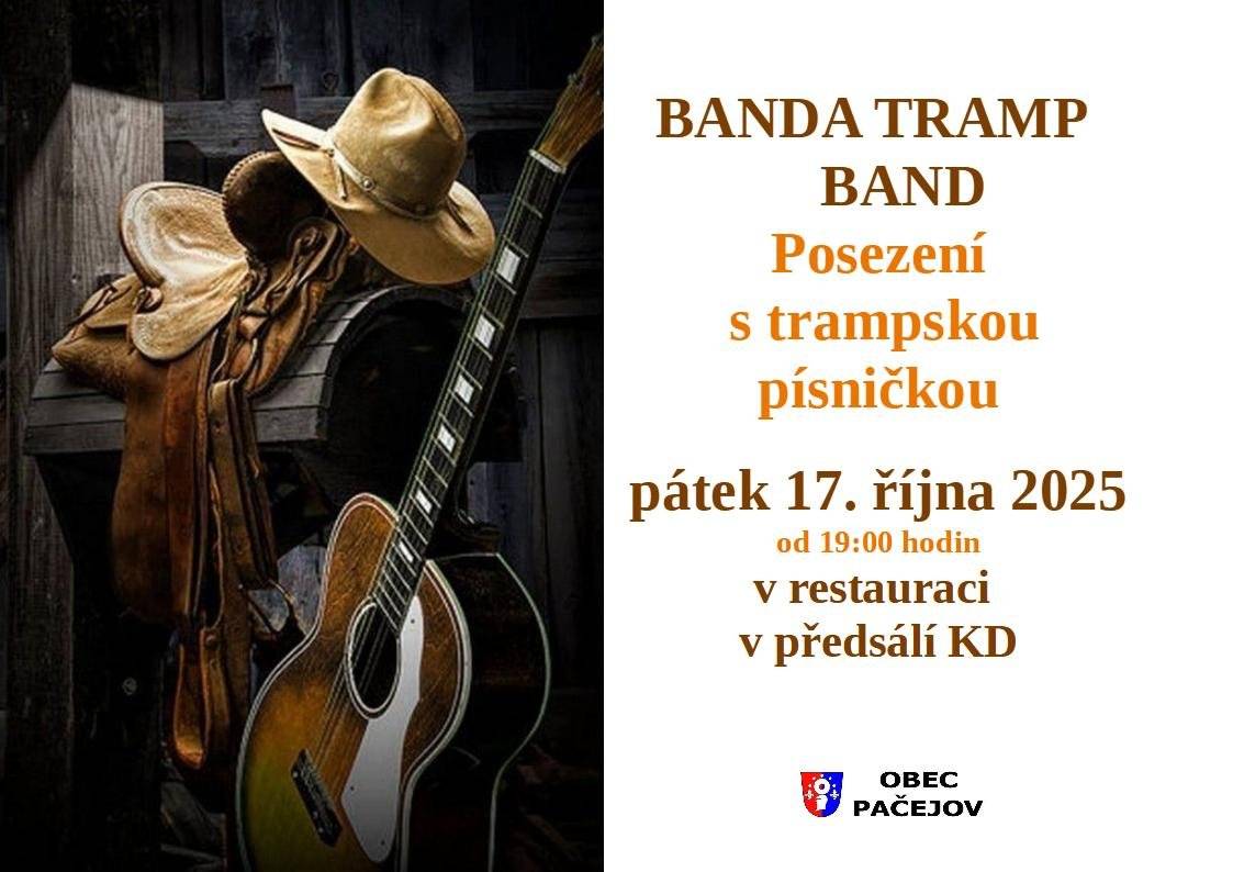 Jiz zitra, v patek 17.10., vas zveme od 19:00 na posezeni s trampskou pisnickou v predsali KD. Hrat bude Banda Tramp Band. Tesime se na vas!