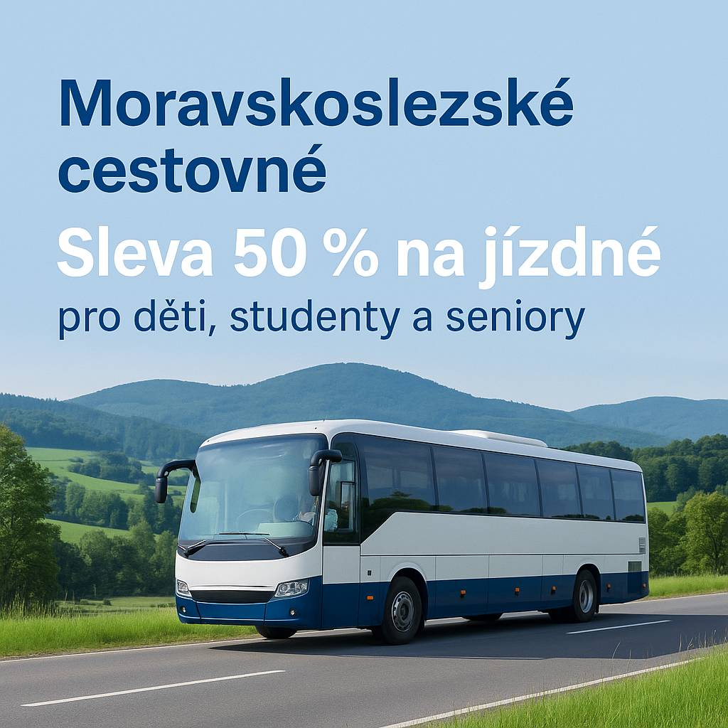 Od 1. července do 31. prosince 2025 mohou děti, studenti a senioři využít 50% slevu na meziměstské jízdné v rámci projektu „Moravskoslezské cestovné“ podporujícího veřejnou dopravu.