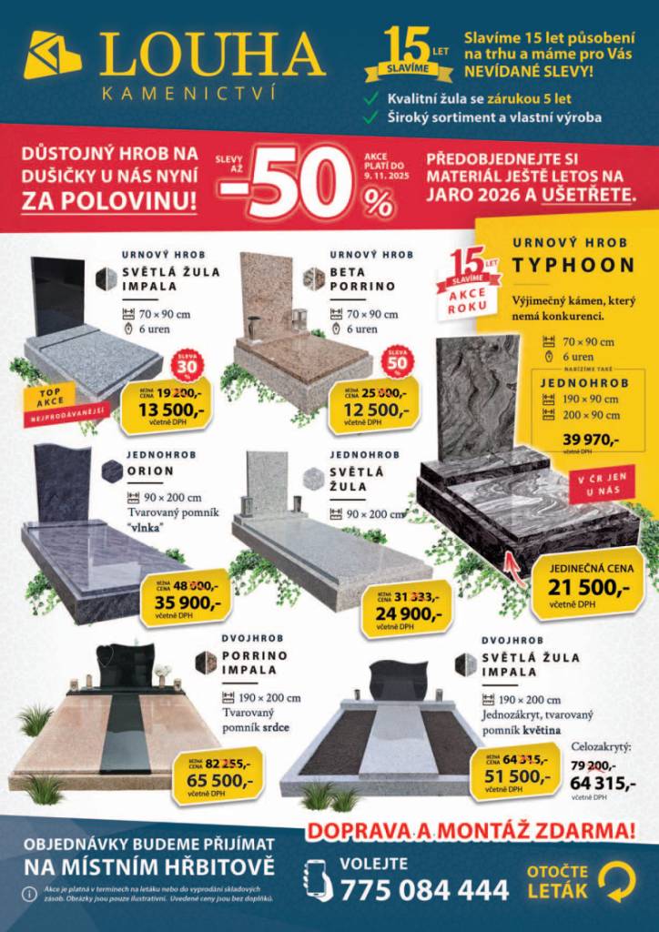Louha kamenictví s.r.o. přijede 17.10.2024 a 31.10.2025 (pátek) na hřbitov v Novém Rychnově.  Hlavní vchod hřbitova od 08:00 - 08:20 (čas je orientační).  Více info viz. přiložený leták.