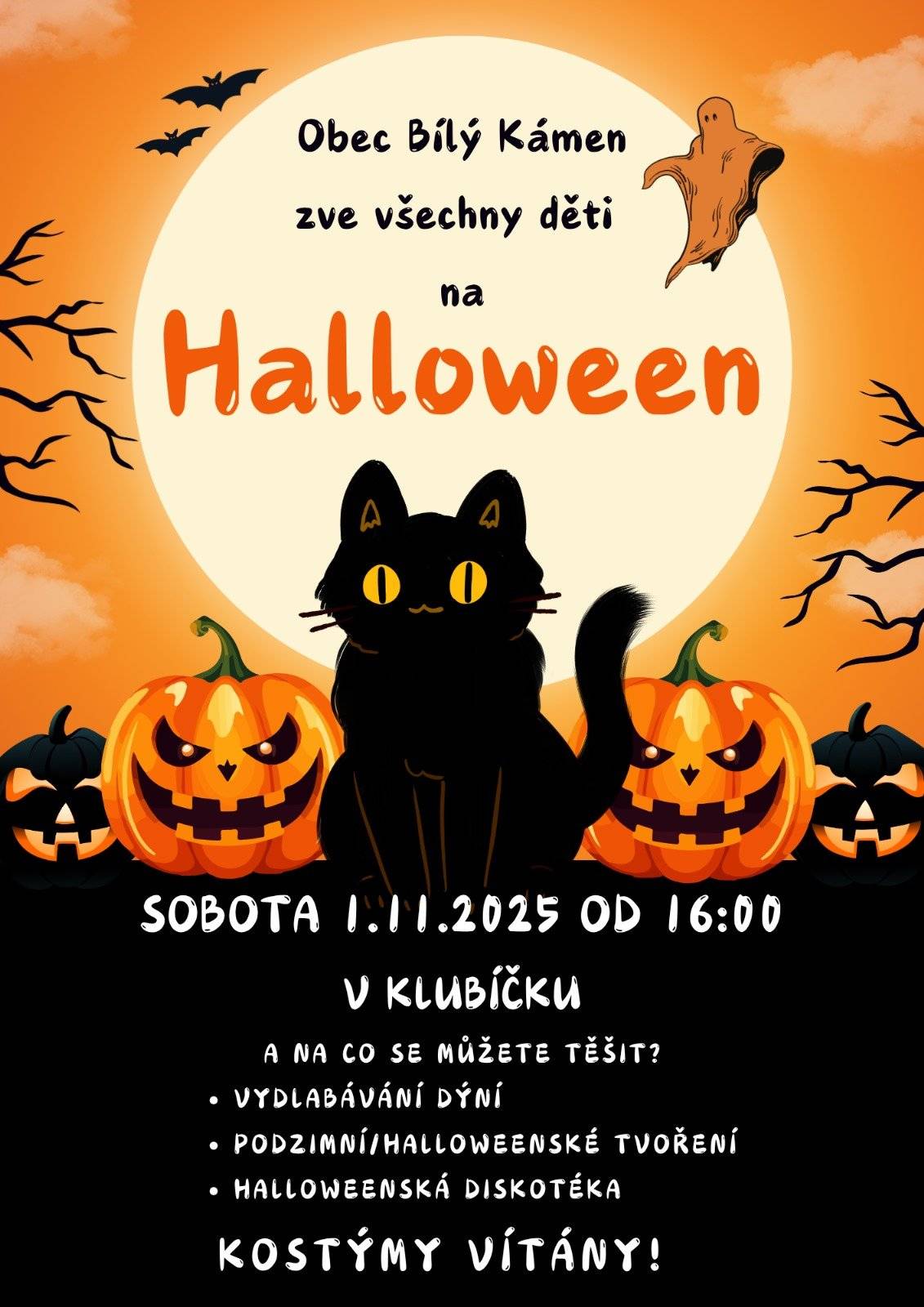 Obec Bílý Kámen zve všechny děti na Halloweenské tvoření, které se bude konat v sobotu 1.11.2025 od 16:00 v Klubíčku. Těšit se můžete na vydlabávání dýní, podzimní tvoření, Halloweenskou diskotéku a spoustu zábavy. KOSTÝMY VÍTÁNY ;-)