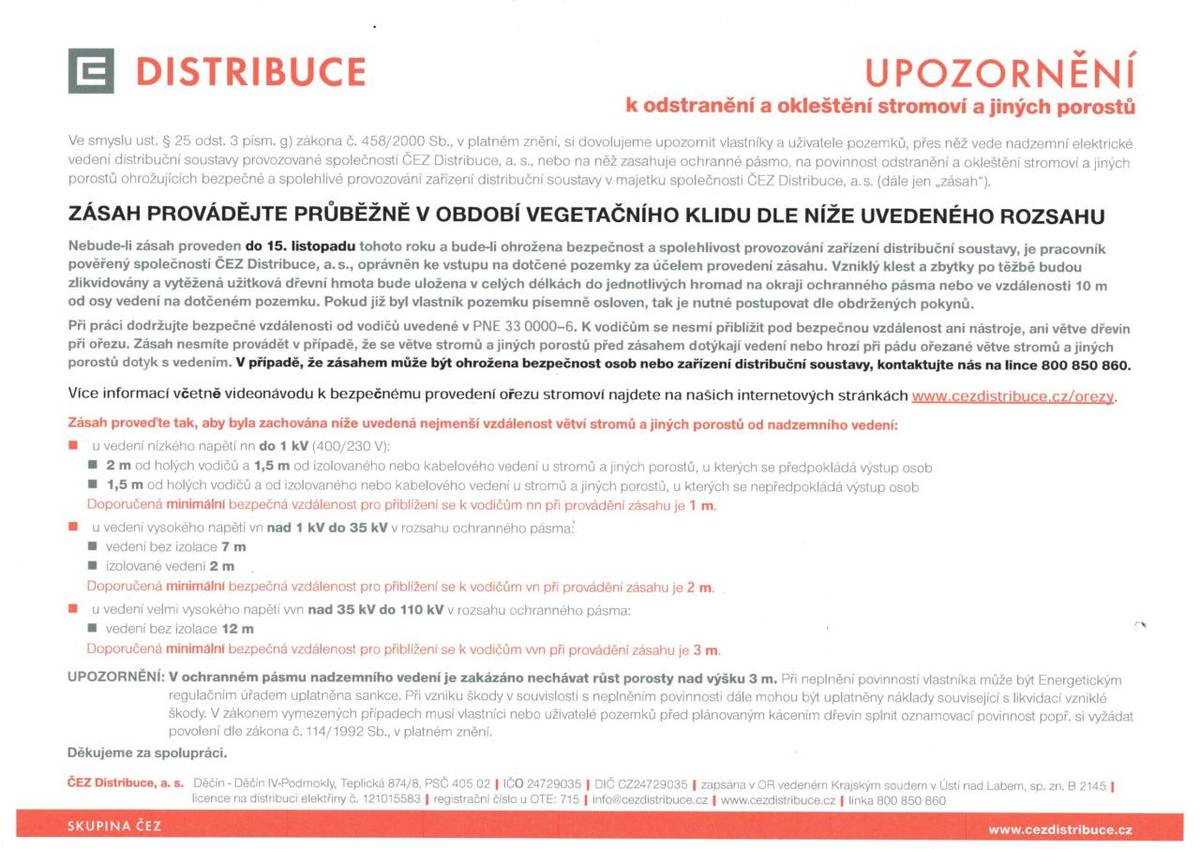 Upozornění k odstranění a okleštění stromoví.