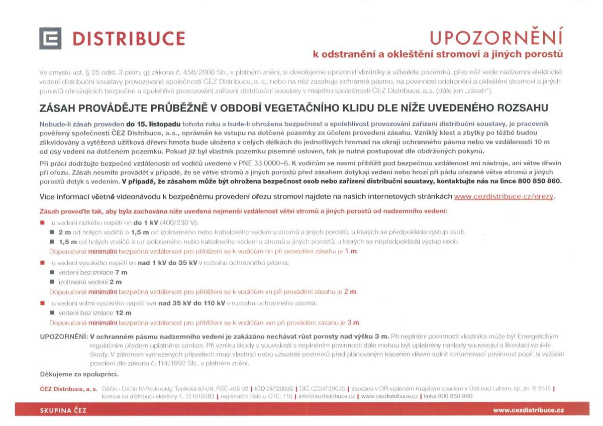 ČEZ Distribuce - upozornění vlastníkům a uživatelům pozemků k odstranění a okleštění stromoví do 15.11.2025