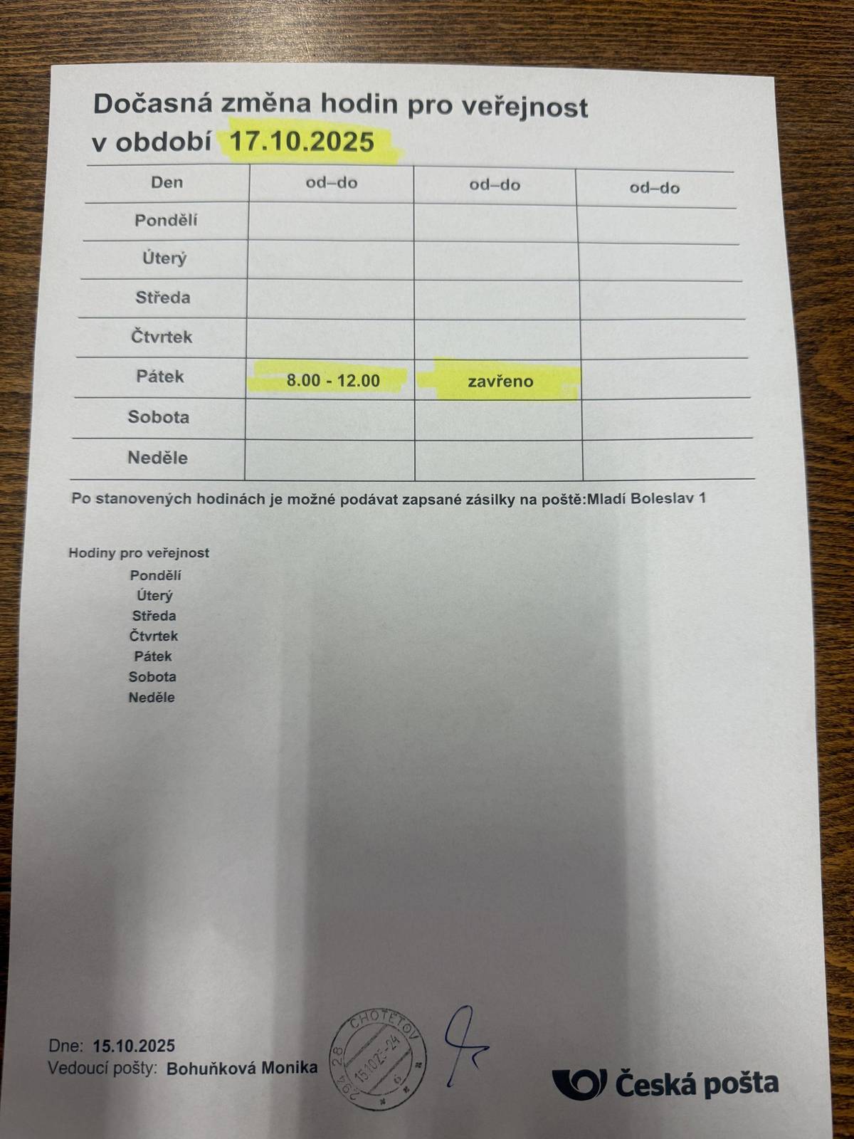 🔊Informace občanům: 📯 Pošta v Chotětově bude v pátek dne 17.10.2025 odpoledne uzavřena.