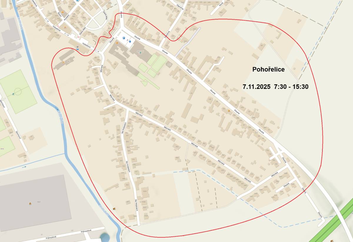 Dne 07.11.2025 od 07:30 do 07.11.2025 15:30  Vypnutá oblast: Pohořelice - Dlouhá od č.p. 67, 413, 35, 37 a 422 po dálnici včetně č.p. 69 a okolních staveb,  mimo č.p. 1176, Hybešova 145, 991, 955 Mateřská škola, Mlýnská včetně zahrádek mezi ul. Mlýnská a Na Hrázkách, Na Hrázkách, Průmyslová