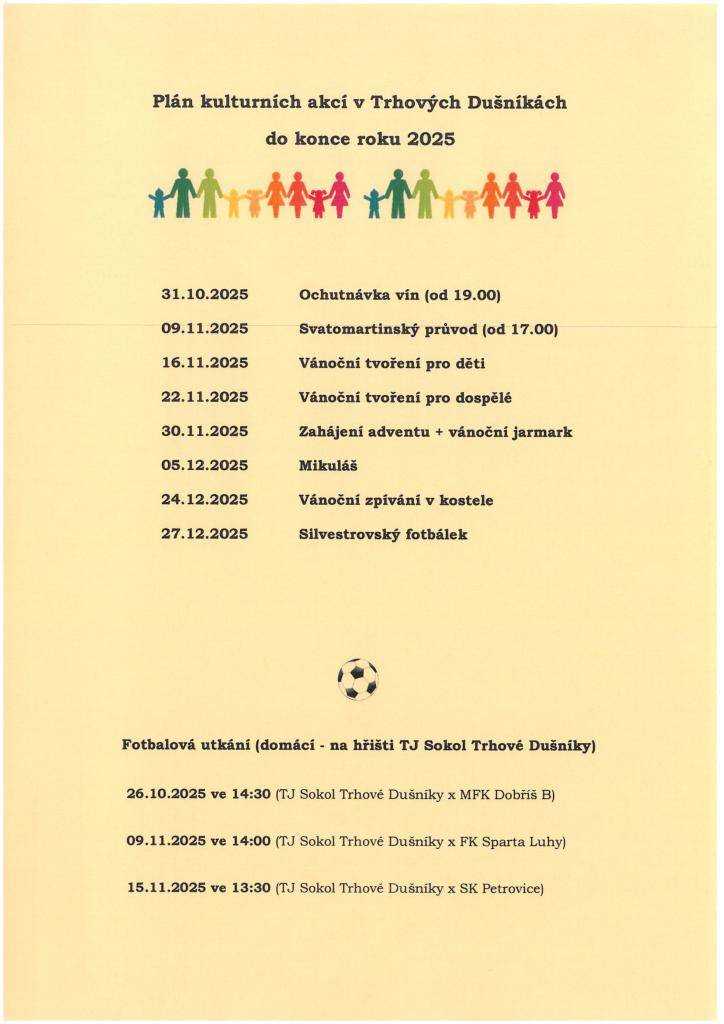 Plán kulturních akcí a fotbalových utkání do konce roku 2025