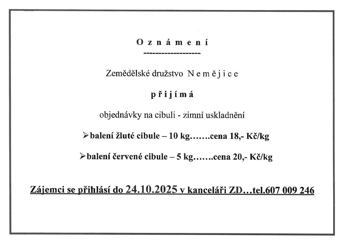 ZD Nemějice - objednávky na cibuli - zimní uskladnění