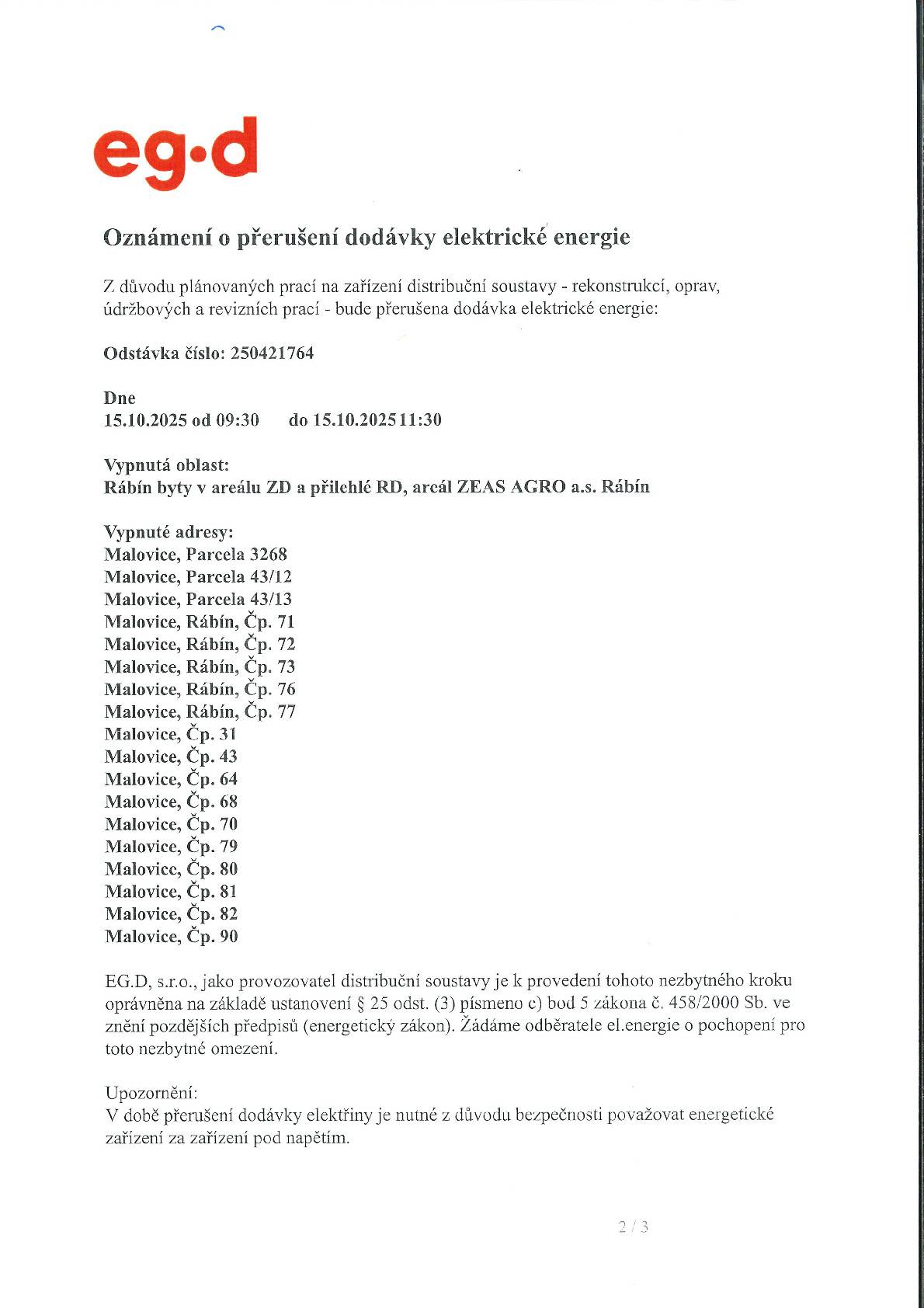 Přerušení dodávky elektrické energie Rábín Dne 15.10. 2025 od 9:30 do 11:30.