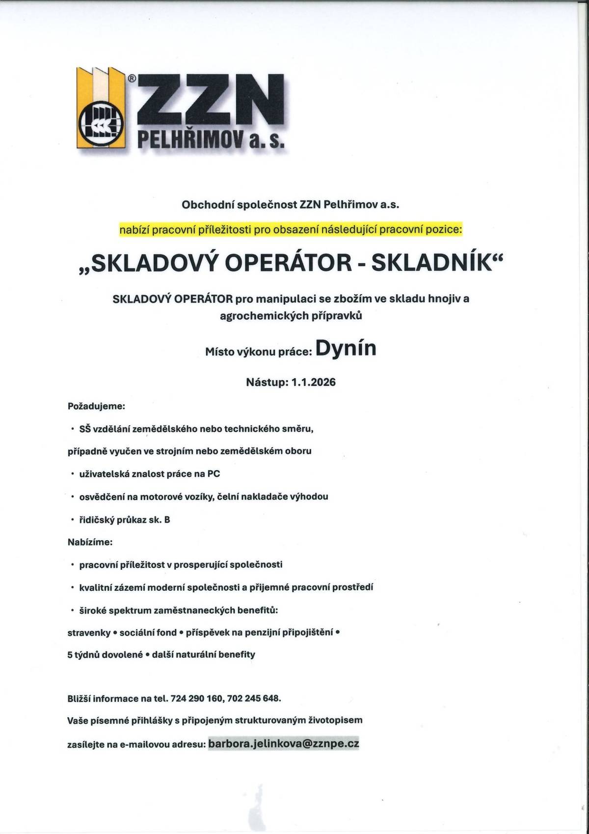 Nabídka práce skladník v ZZN Pelhřimov, středisko Dynín.