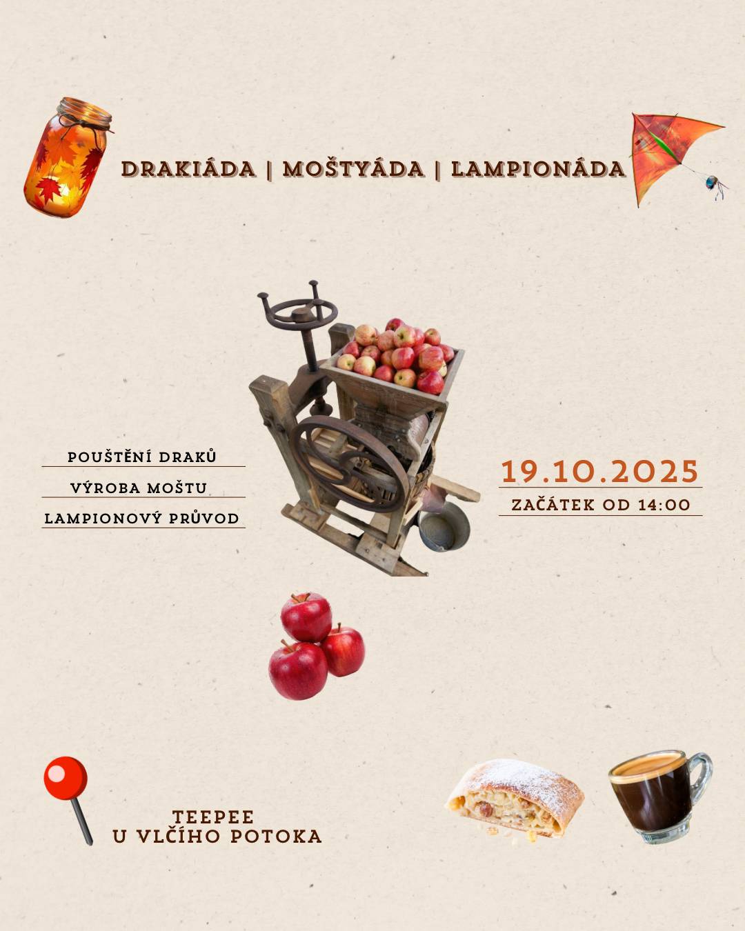 V neděli 19.10. od 14 hod proběhne v Jičíněvsi u Teepee moštování, drakiáda a lampionáda.