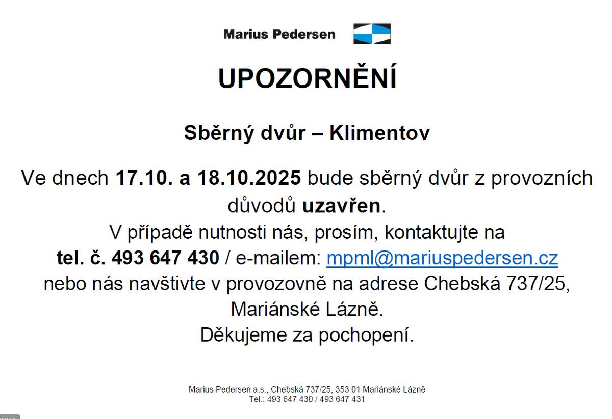 Sběrný dvůr v Klimentově bude uzavřen ve dnech 17. a 18. října 2025 z provozních důvodů.