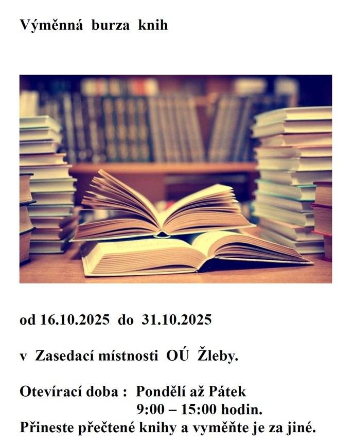 V období 16. 10. - 31. 10.  (kromě 28. 10.) pondělí až pátek od 9 hod do 15 hod bude probíhat v zasedací místnosti Obecního úřadu Žleby výměnná burza knih. Přineste své přečtené knihy a vezměte si jiné.