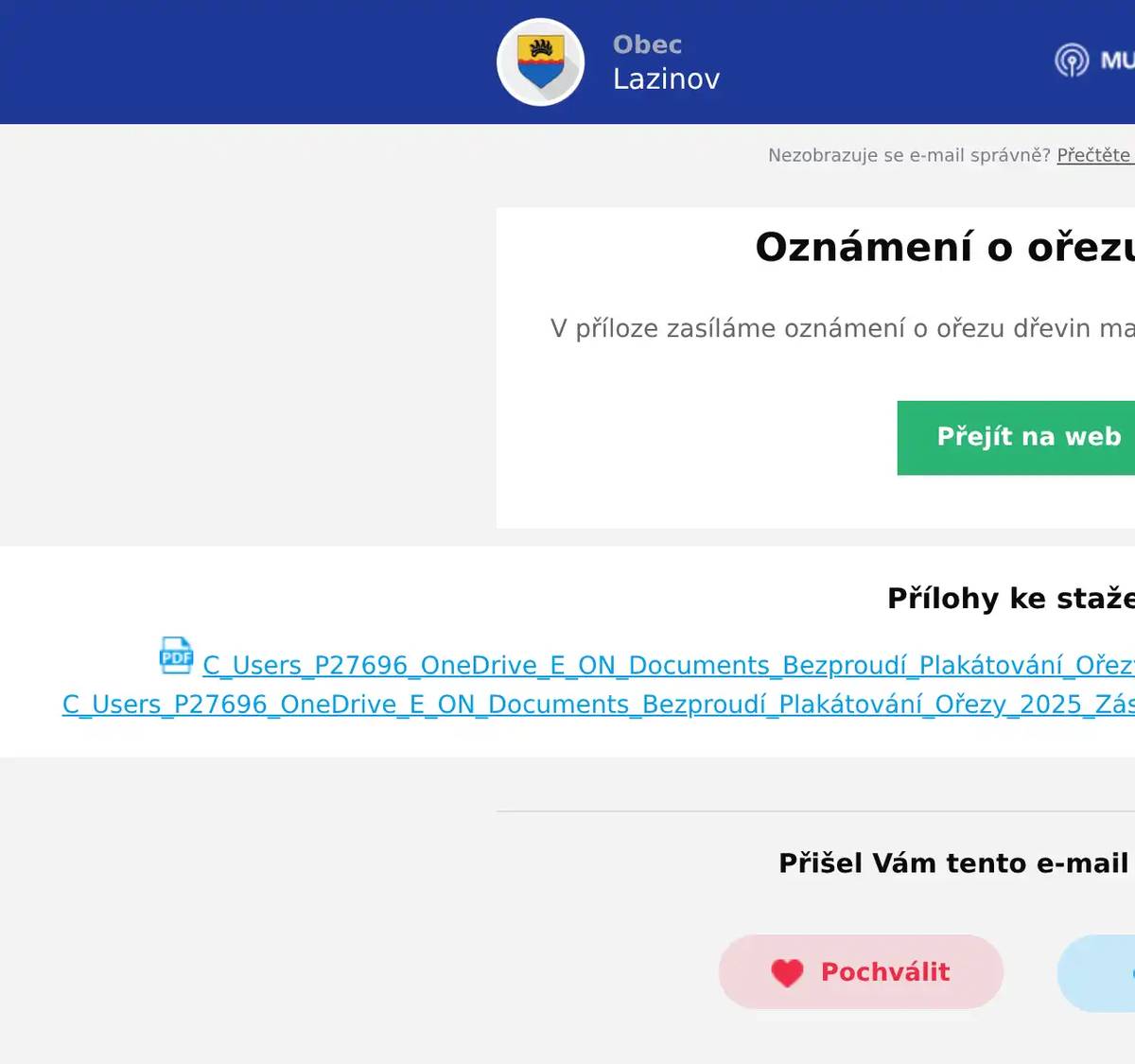 V příloze zasíláme oznámení o ořezu dřevin majitelů nemovitostí.