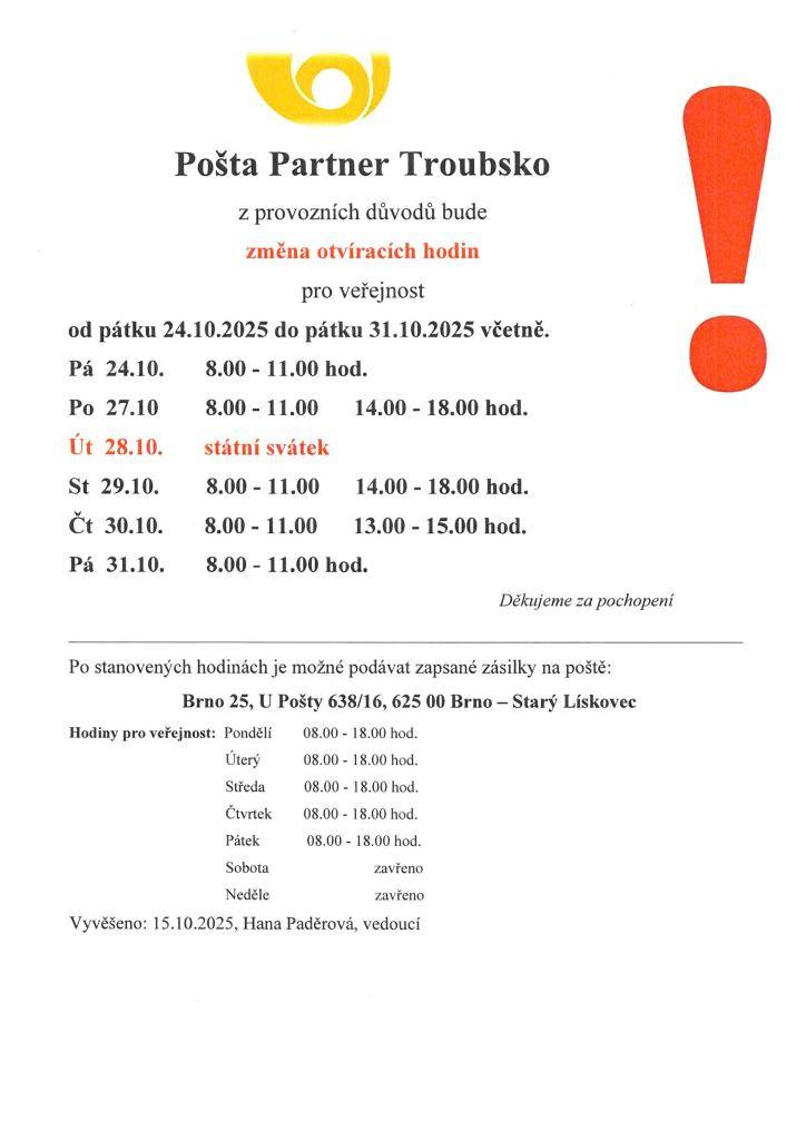 Změna otvíracích hodin - pošta Partner Troubsko