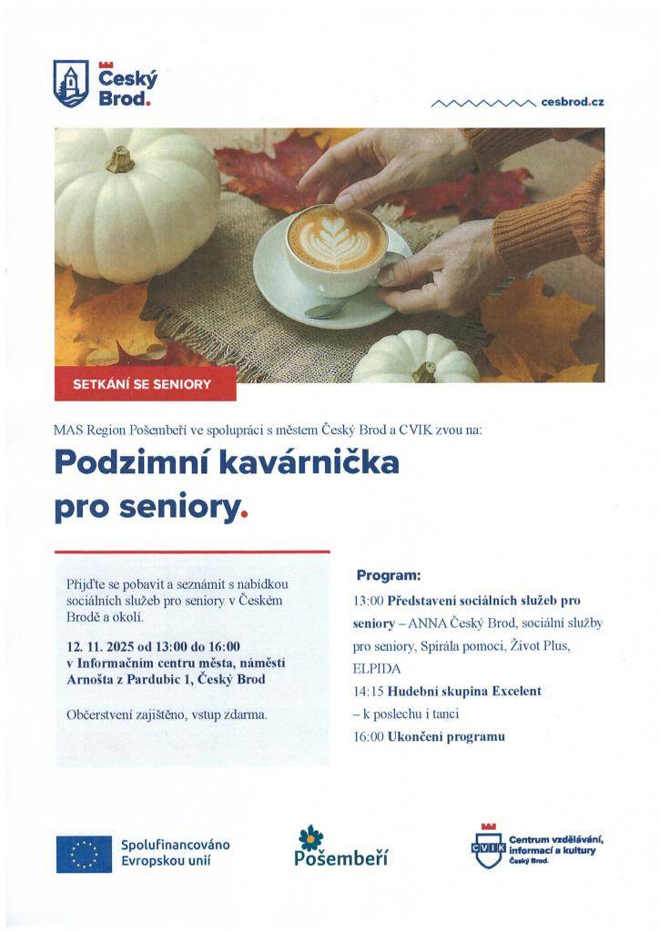 Přijďte se pobavit a seznámit s nabídkou sociálních služeb pro seniory v Českém Brodě a okolí. Místo konání - Informační centru města. Občerstvení zajištěno, hudba k poslechu i k tanci,  vstup zdarma.