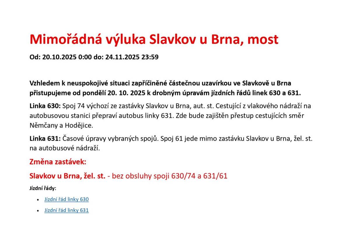 od pondělí 20.10.2025 se přistupuje k drobným úpravám jízdních řádů linek 630 a 631.