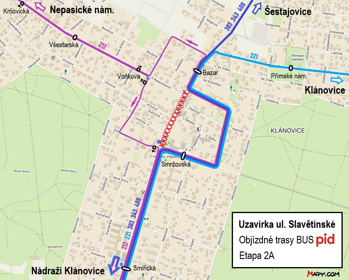 První etapa stavby skončí v pátek 17. října. Druhá naváže od pondělí 20. října. V sobotu a v neděli proběhne Klánovický 1/2Maraton, který bude mít vlastní dopravní režim.     Jak o víkendu – Klánovický 1/2Maraton: O víkendu bude průjezdná celá Slavětínská, tedy „jako obvykle“, pro veškerý provoz. Vrátí se na ni také autobusy MHD a jejich zastávka Smržovská bude po tyto dva dny v původní poloze na Slavětínské, nikoli v ulici V Soudním. Dále s sebou závod přinese několik dalších omezení. Konkrétně zákazy zastavení, zejména v ulici V Soudním, části ulice Mechovka a okolo nádraží. V neděli nebude průjezdná ulice V Soudním a část Mechovky mezi ulicí V Soudním a Plačická, a to až do odpoledne.     Jak od pondělí 20. října: Mapy ukazují jednak objízdné trasy autobusů, jednak dopravní režimy pro individuální osobní dopravu (IAD). Autobusová zastávka Smržovská se vrátí do ulice V Soudním v obou směrech. V mapě pro IAD jsou zvýrazněny pouze změněné dopravní režimy. Tam, kde není nic označeno, zůstává v platnosti současné dopravní značení. V ulicích, které končí jako slepé u uzavřeného úseku Slavětínské, bude zrušena jednosměrnost. Na všech objízdných trasách pro autobusy MHD budou zákazy zastavení. Je zřejmé, že situace na objížďkách bude obtížnější, než byla v první etapě. Budeme potřebovat hodně ohleduplnosti a vzájemné dobré vůle. Karel Loucký
