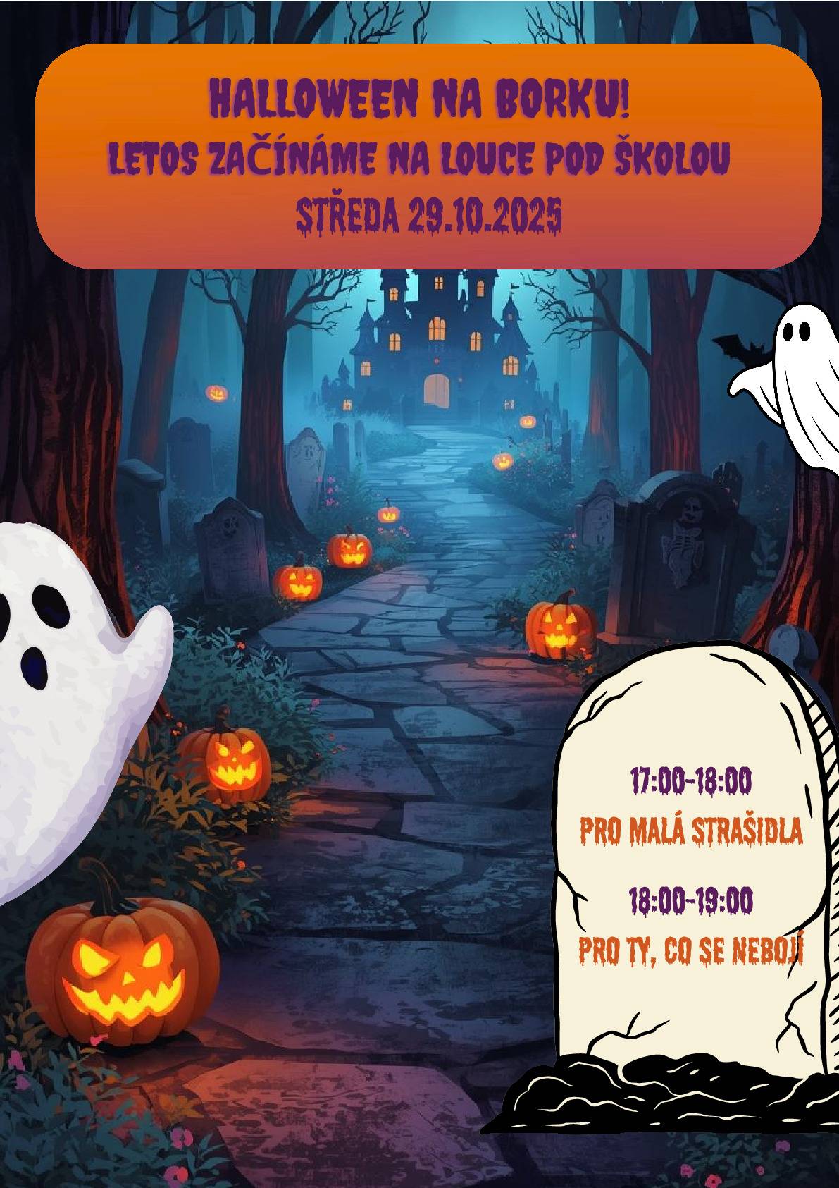 Dobrý den všem. Dovolte mi, abych Vás a hlavně Vaše děti pozval jménem Spolku Borek dětem - děti Borku na "STRAŠIDELNOU STEZKU ODVAHY", která se uskuteční ve středu 29. října 2025 od 17:00 hodin. Letos začínáme na louce pod ZŠ a MŠ Borek. Bližší informace naleznete na přiloženém letáku. S přáním hezkého dne Jaroslav Novák - starosta obce Borek.