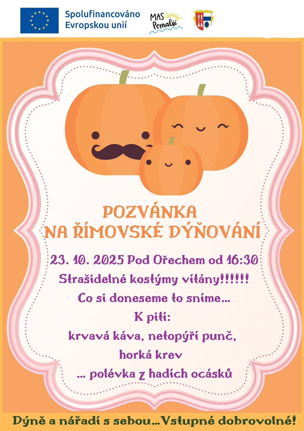 Podzim je tady a s ním i oblíbené dýňování pro malé i velké! 🍂 📅 Kdy: čtvrtek 23. října 2025 od 16:30 📍 Kde: pod Ořechem Přijďte si vyřezat 🎃 vlastní nebo obecní dýni 🍁, dát si teplý čaj nebo něco dobrého na zub a užít si pohodové podzimní odpoledne plné vůně dýní, světýlek a dobré nálady! 🍂🧡