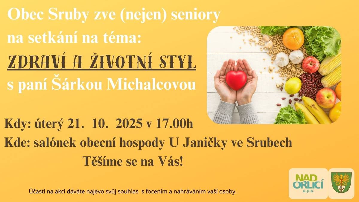 Obec Sruby zve své seniory na posezení u kávy a čaje v úterý 21.10.2025 od 17 hodin do salónku obecní hospody "U Janičky". Téma setkání - zdraví a životní styl. Těšíme se!