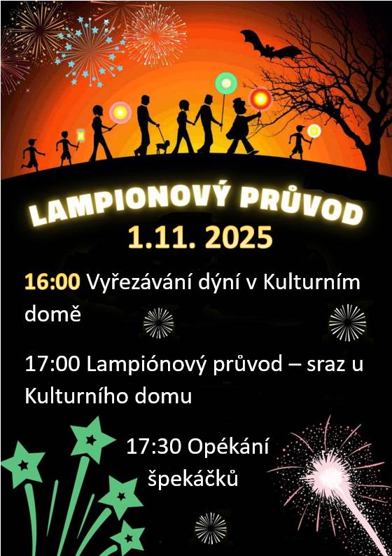 Srdečně zveme všechny děti v sobotu 1.11. na lampiónový průvod. Začátek v 16hod., kdy proběhne vyřezávání dýní před Kulturním domem nebo v hospodě, dle počasí. Následovat bude po setmění kolem 17.hod. od kulturního domu lampiónový průvod. Po průvodu si opečeme špekáčky. Nezapomeňte si lampiónek.