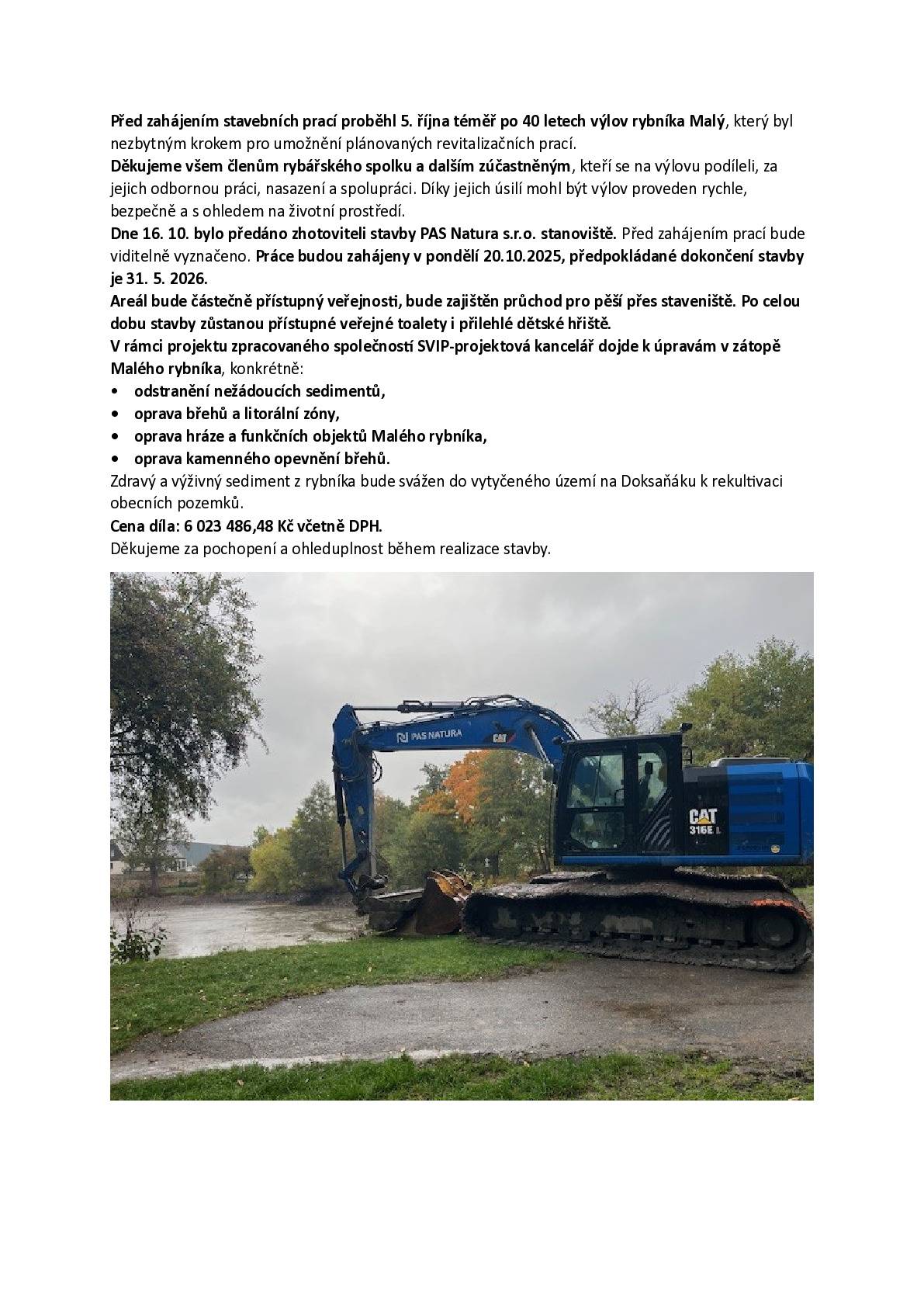 Oznámení o zahájení stavebních prací - rybník Malý