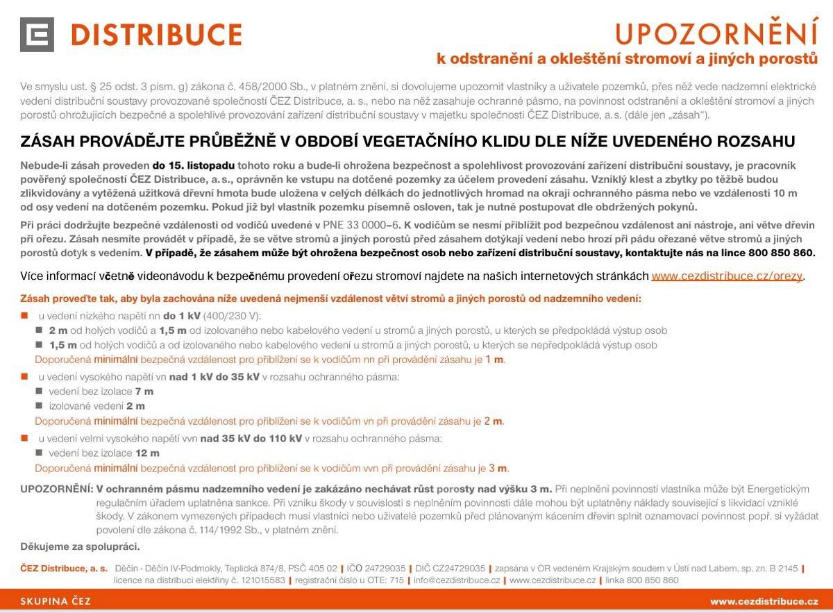 Upozornění k odstranění a okleštění stromoví a jiných porostů.