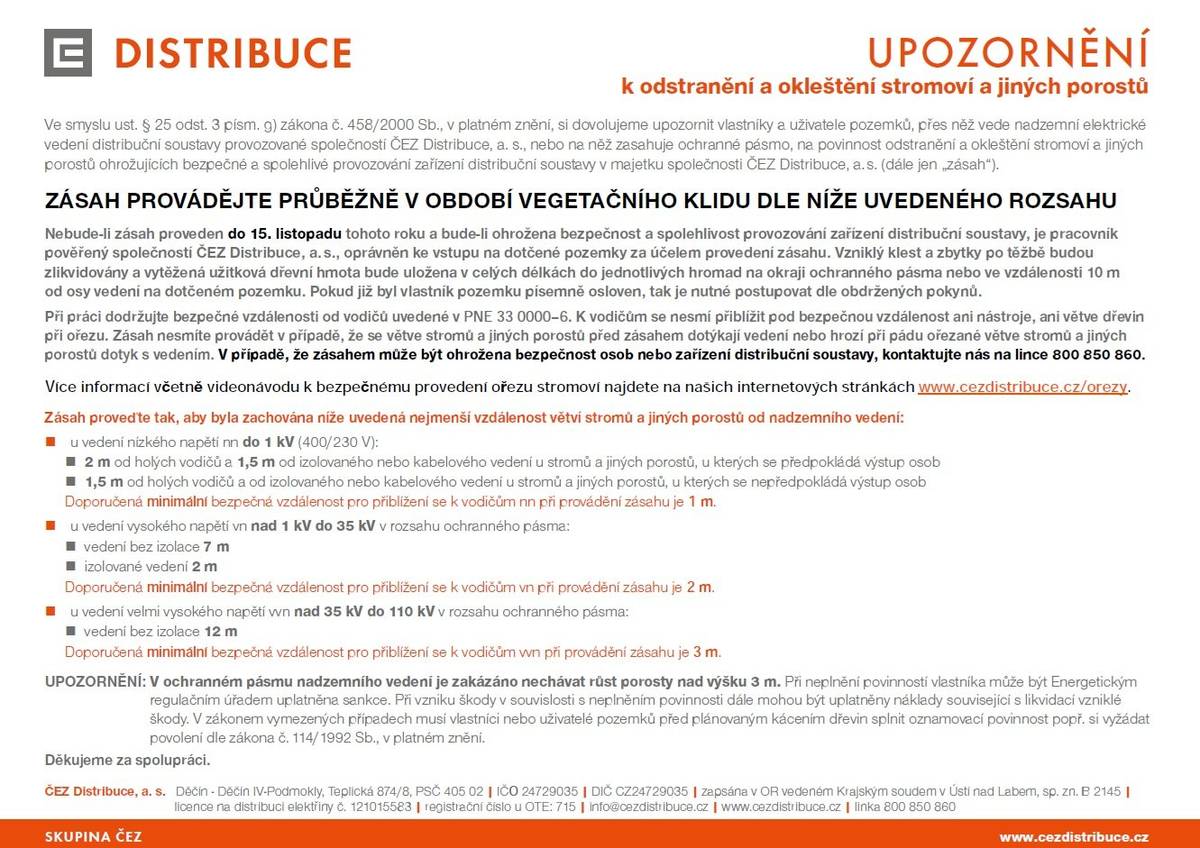 Upozornění ČEZ - odstranění a okleštění větvoví