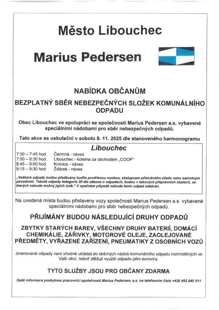 OZNÁMENÍ O SBĚRU NEBEZPEČNÝCH ODPADŮ