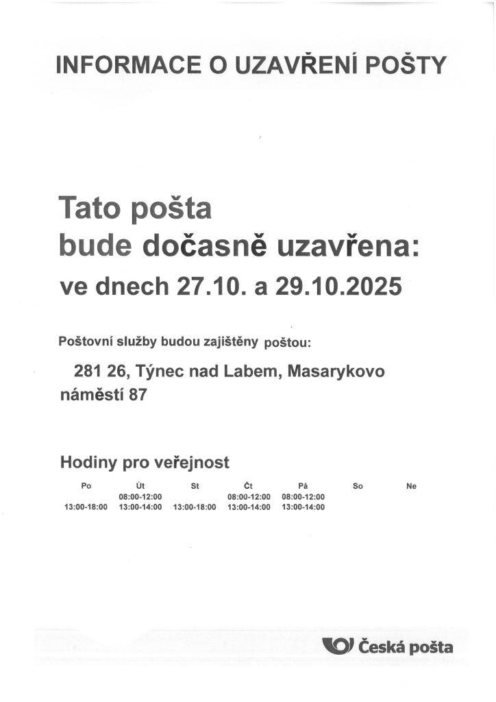V pondělí 27.10.2025 a ve středu 29.10.2025 bude Pošta Partner v Konárovicích zavřená.