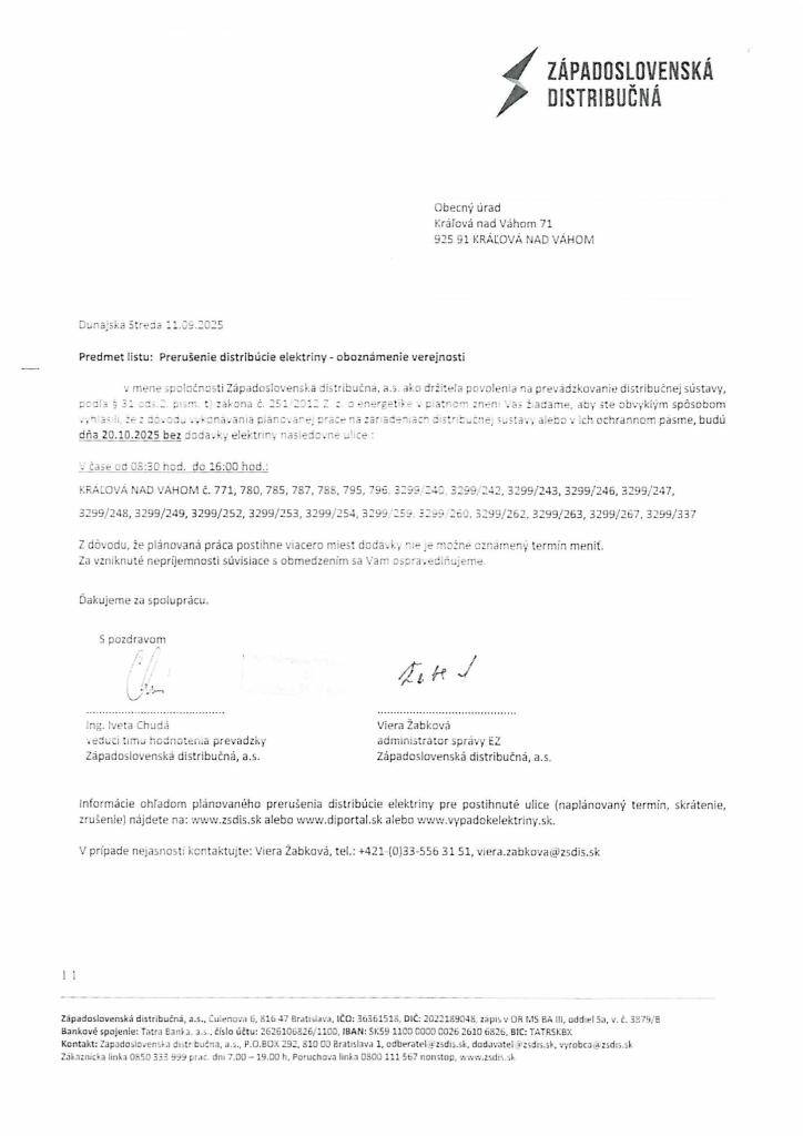 Dňa 20.10.2025 bude prerušená distribúcia elektriny
