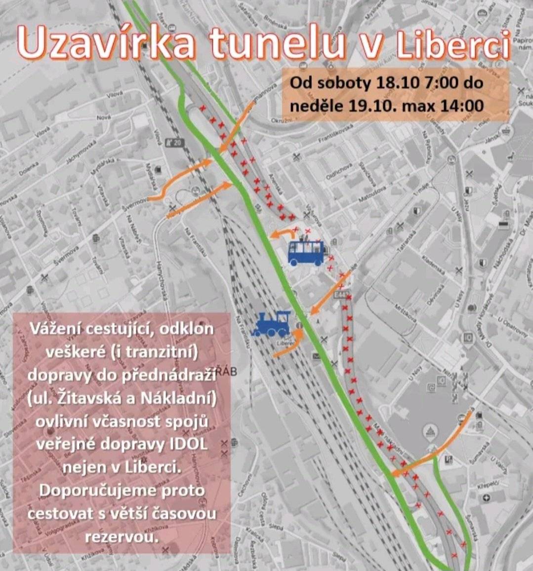 📅 Od soboty 18. 10. od 7:00 do neděle 19. 10. nejdéle do 14:00 bude zcela uzavřena silnice I/35 („dálnice skrz Liberec“) mezi exity 20 a 21 v místě Libereckého tunelu. ➡️ Veškerá doprava bude vedena po objížďce ulicemi Nádražní a Žitavská přes křižovatky:🔸 Košická × Nákladní🔸 Nákladní/Žitavská × 1. Máje🔸 Žitavská × autobusové nádraží🔸 Žitavská × Hanychovská🔸 Žitavská × Švermova ⚠️ Upozornění:Z důvodu vysoké intenzity dopravy odkloněné z tunelu do vytíženého „přednádraží“ se dají očekávat velké dopravní zácpy 🚗🚙🚕 i zpoždění spojů veřejné dopravy 🚌. ⏰ Doporučujeme cestovat s časovou rezervou! Vliv zdržení se může projevit i na páteřních linkách v rámci celého kraje.