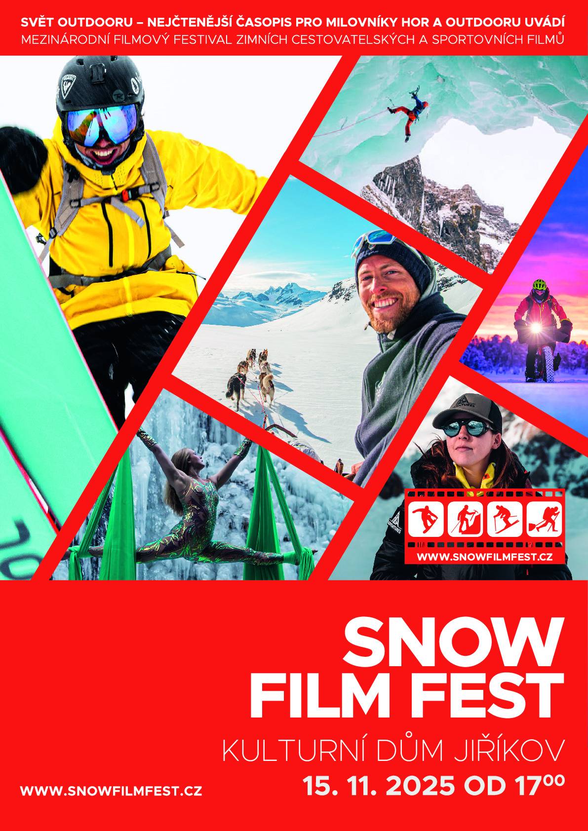 Už tradičně se kulturní dům v Jiříkově v sobotu 15. listopadu od 17:00 hod. opět připojí k více než 150 místům v Česku a na Slovensku, kde proběhne další ročník Snow Film Festu – festivalu, který dokazuje, že zima rozhodně není jen o válení se u kamen. Čekají vás šílené nápady proměněné v legendární expedice, dechberoucí záběry, při kterých zapomenete dýchat, i příběhy, které vás rozesmějí stejně spolehlivě jako sněhová koule do obličeje... prostě 8 krátkých dobrodružných filmů se zimní tématikou. Festival každoročně přiláká přes 25 000 diváků a patří mezi největší filmové přehlídky svého druhu ve střední Evropě. A letos bude opravdu nabitý – od polárních nocí a psích spřežení, přes lezení v Karakoramu, až po freeridovou radost ve francouzských Alpách. Jako obvykle se můžete přijít podívat na jeden či dva filmy a nebo si dát celou filmovou nálož. Vstupné lidových 50 Kč, skvělé občerstvení zajištěno!