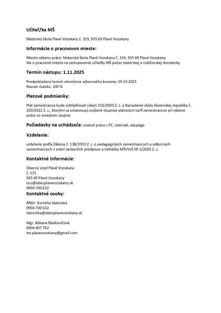 Ponuka voľného pracovného miesta v materskej škole Plavé Vozokany
