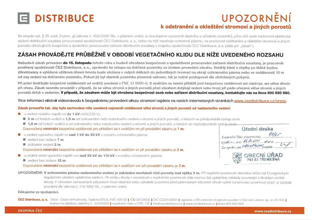 Upozornění k odstranění a okleštění stromoví a jiných porostů viz. přiložený leták...