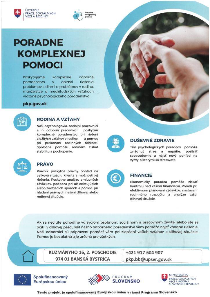 poskytujú komplexné odborné poradenstvo v oblasti riešenia problémov s dlhmi a problémov v rodine, manželstve a medziľudských vzťahoch vrátane psychologického poradenstva. Pomoc je bezplatná a je určená pre všetkých.